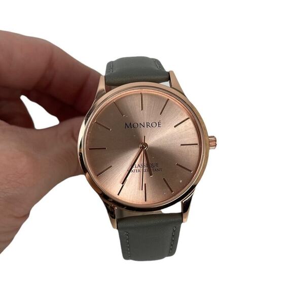 NWOT MONROE SOLÉROSE WATCH CHARCOAL LEATHER ROSE GOLD - Picture 3 of 16